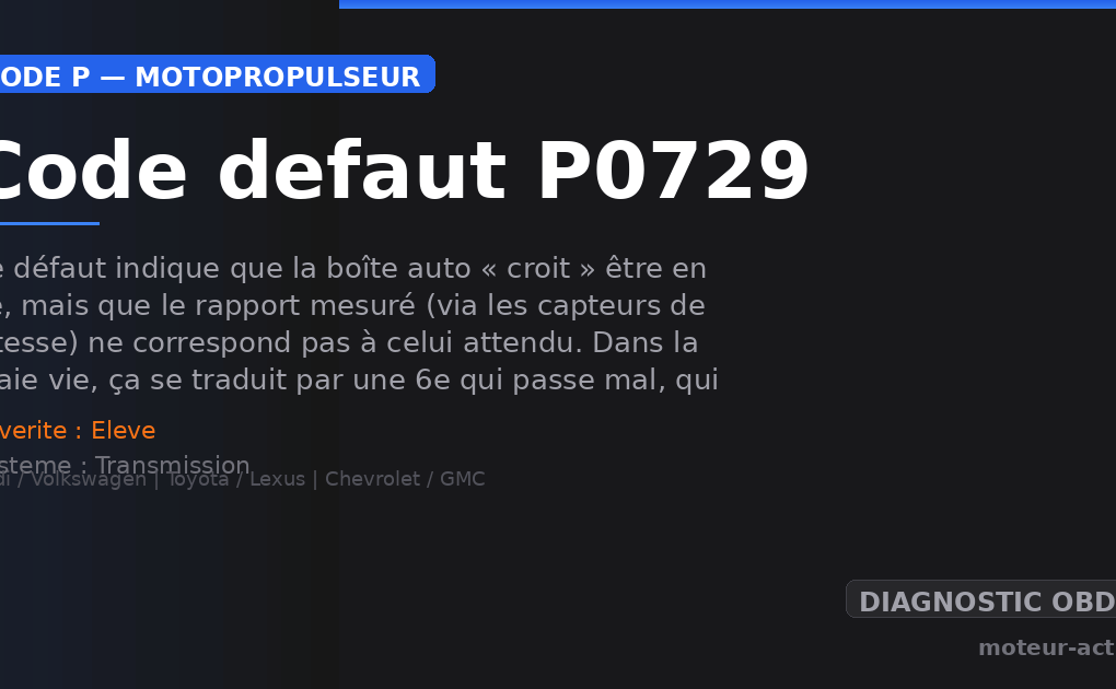 Code défaut P0729 : Ce défaut indique que la boîte auto « croit » être en 6e, mais que le rapport mesuré (via les capteurs de vitesse) ne correspond pas à celui attendu