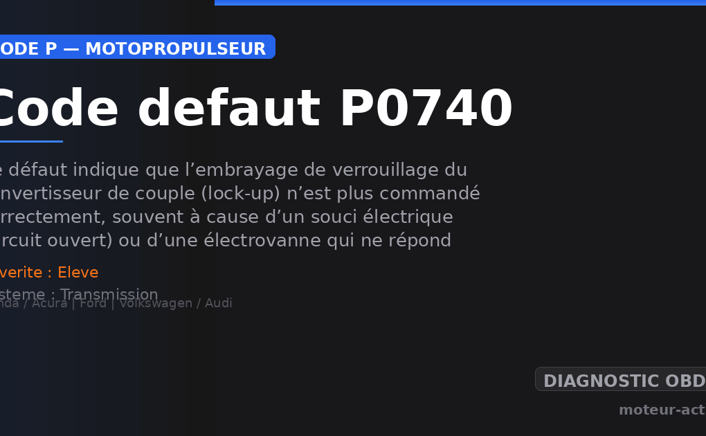 Code défaut P0740 : Ce défaut indique que l’embrayage de verrouillage du convertisseur de couple (lock-up) n’est plus commandé correctement, souvent à cause d’un souci électrique (circuit ouvert) ou d’une électrovanne qui ne répond plus