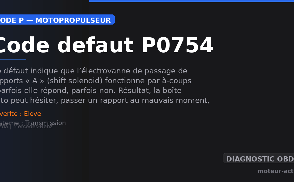 Code défaut P0754 : Ce défaut indique que l’électrovanne de passage de rapports « A » (shift solenoid) fonctionne par à-coups : parfois elle répond, parfois non