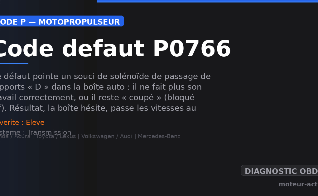 Code défaut P0766 : Ce défaut pointe un souci de solénoïde de passage de rapports « D » dans la boîte auto : il ne fait plus son travail correctement, ou il reste « coupé » (bloqué off)