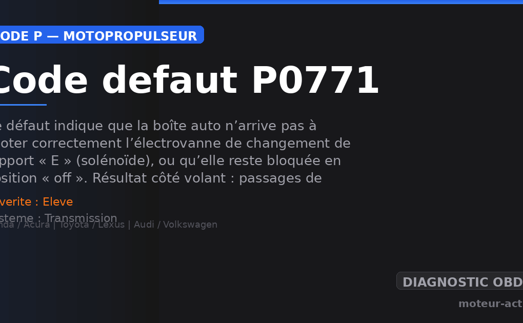 Code défaut P0771 : Ce défaut indique que la boîte auto n’arrive pas à piloter correctement l’électrovanne de changement de rapport « E » (solénoïde), ou qu’elle reste bloquée en position « off »