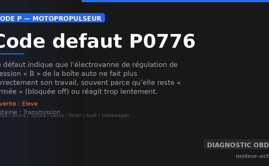 Code défaut P0776 : Ce défaut indique que l’électrovanne de régulation de pression « B » de la boîte auto ne fait plus correctement son travail, souvent parce qu’elle reste « fermée » (bloquée off) ou réagit trop lentement