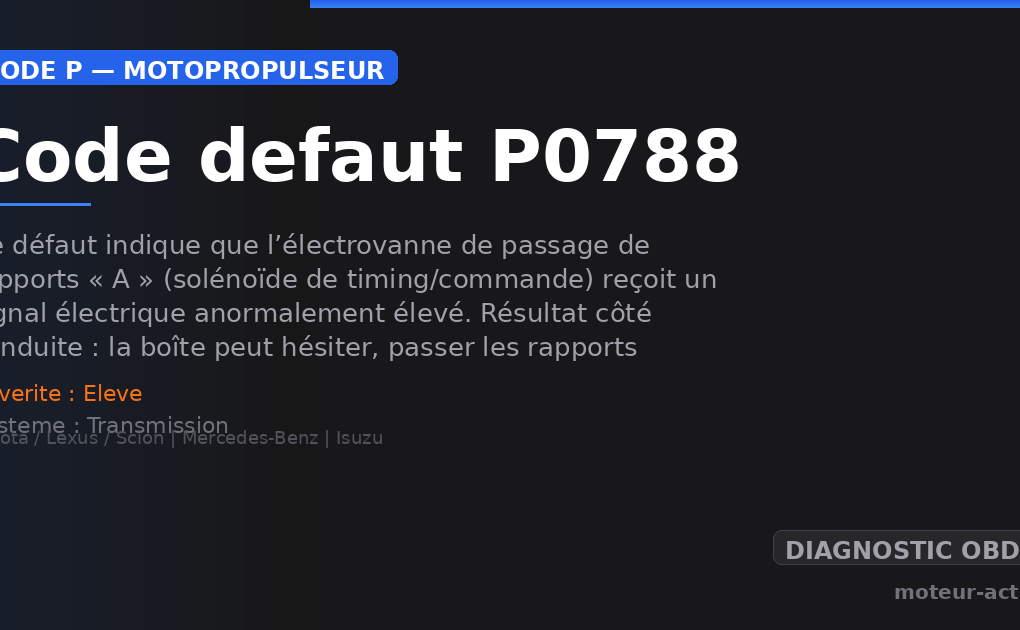Code défaut P0788 : Ce défaut indique que l’électrovanne de passage de rapports « A » (solénoïde de timing/commande) reçoit un signal électrique anormalement élevé