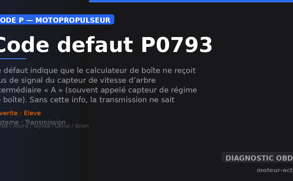 Code défaut P0793 : Ce défaut indique que le calculateur de boîte ne reçoit plus de signal du capteur de vitesse d’arbre intermédiaire « A » (souvent appelé capteur de régime de boîte)