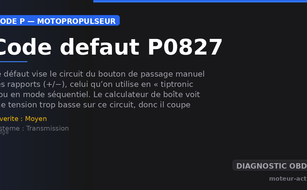 Code défaut P0827 : Ce défaut vise le circuit du bouton de passage manuel des rapports (+/−), celui qu’on utilise en « tiptronic » ou en mode séquentiel