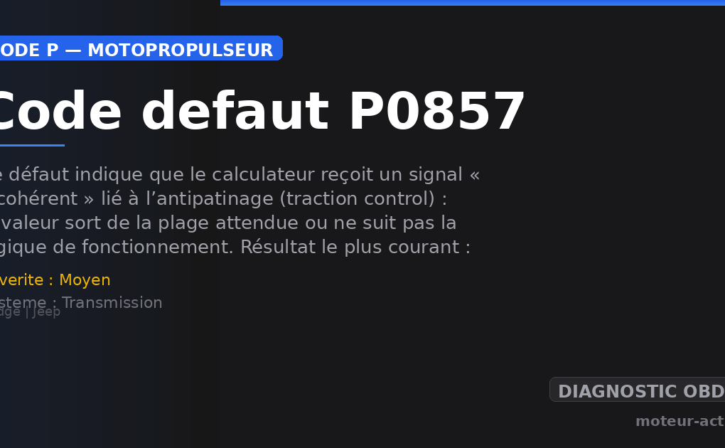 Code défaut P0857 : Ce défaut indique que le calculateur reçoit un signal « incohérent » lié à l’antipatinage (traction control) : la valeur sort de la plage attendue ou ne suit pas la logique de fonctionnement