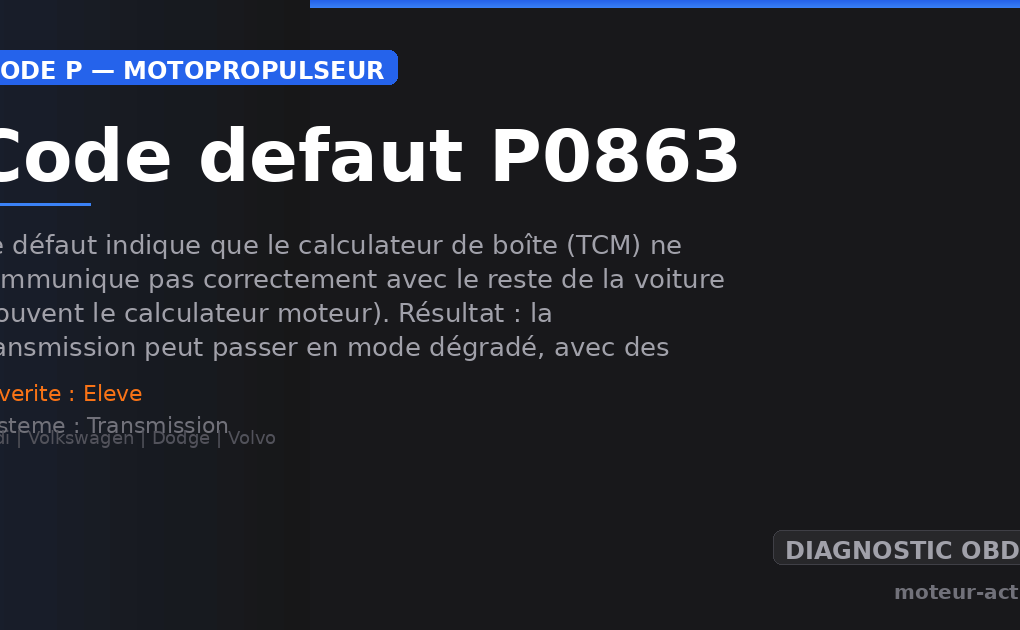 Code défaut P0863 : Ce défaut indique que le calculateur de boîte (TCM) ne communique pas correctement avec le reste de la voiture (souvent le calculateur moteur)