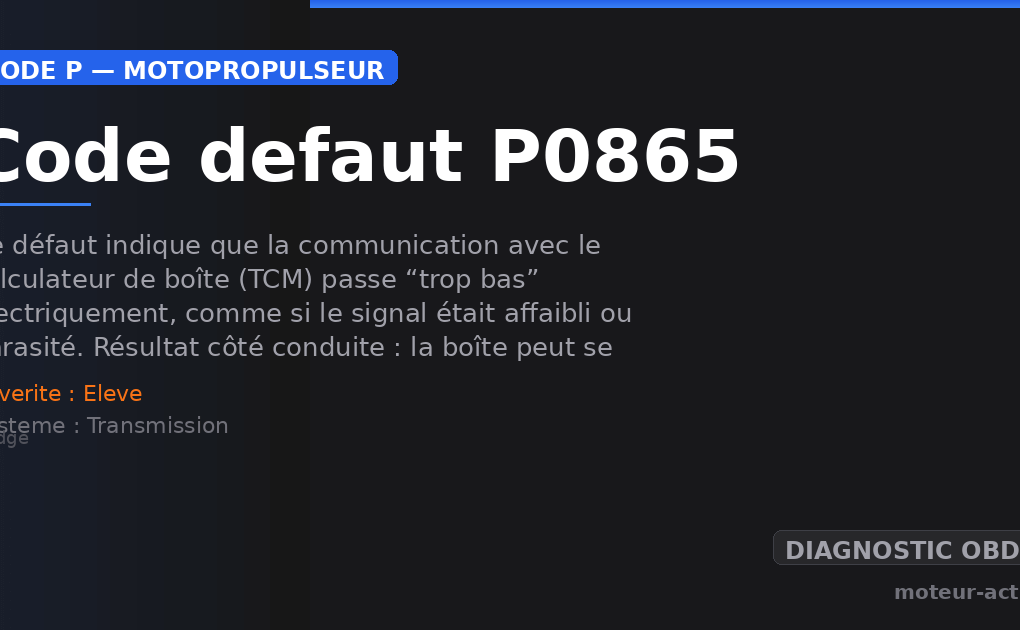 Code défaut P0865 : Ce défaut indique que la communication avec le calculateur de boîte (TCM) passe “trop bas” électriquement, comme si le signal était affaibli ou parasité