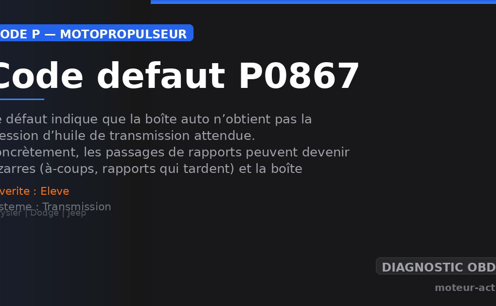 Code défaut P0867 : Ce défaut indique que la boîte auto n’obtient pas la pression d’huile de transmission attendue