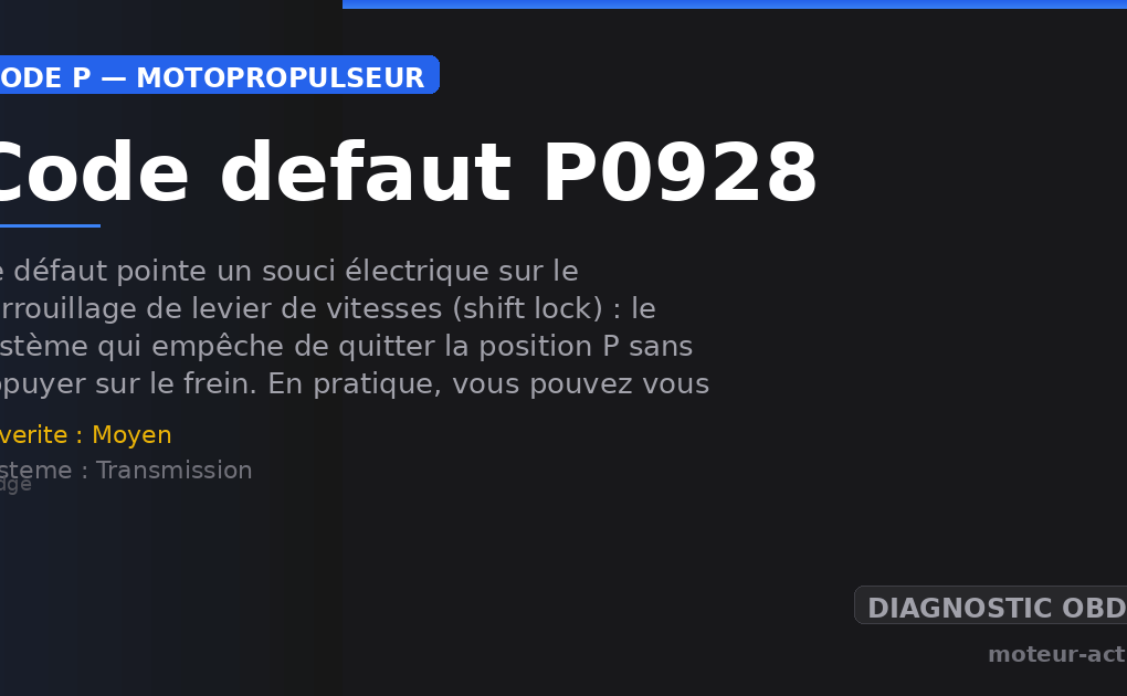 Code défaut P0928 : Ce défaut pointe un souci électrique sur le verrouillage de levier de vitesses (shift lock) : le système qui empêche de quitter la position P sans appuyer sur le frein