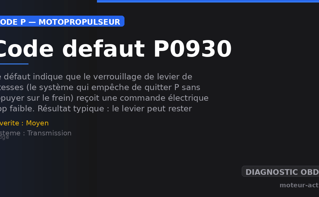 Code défaut P0930 : Ce défaut indique que le verrouillage de levier de vitesses (le système qui empêche de quitter P sans appuyer sur le frein) reçoit une commande électrique trop faible