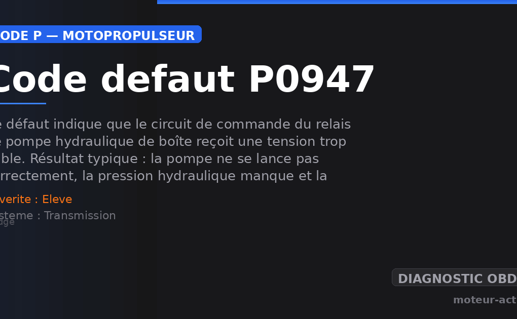 Code défaut P0947 : Ce défaut indique que le circuit de commande du relais de pompe hydraulique de boîte reçoit une tension trop faible
