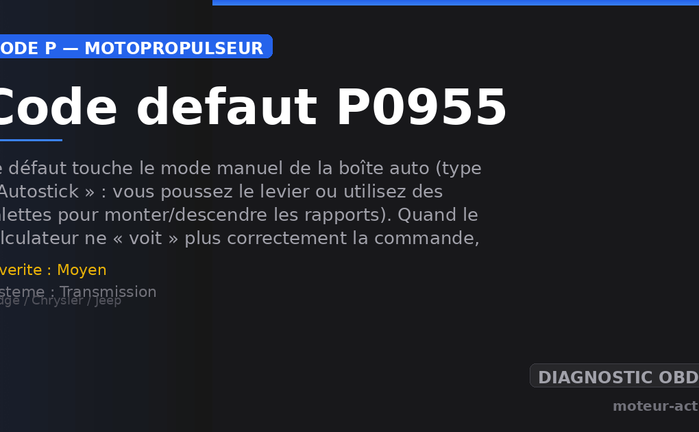 Code défaut P0955 : Ce défaut touche le mode manuel de la boîte auto (type « Autostick » : vous poussez le levier ou utilisez des palettes pour monter/descendre les rapports)