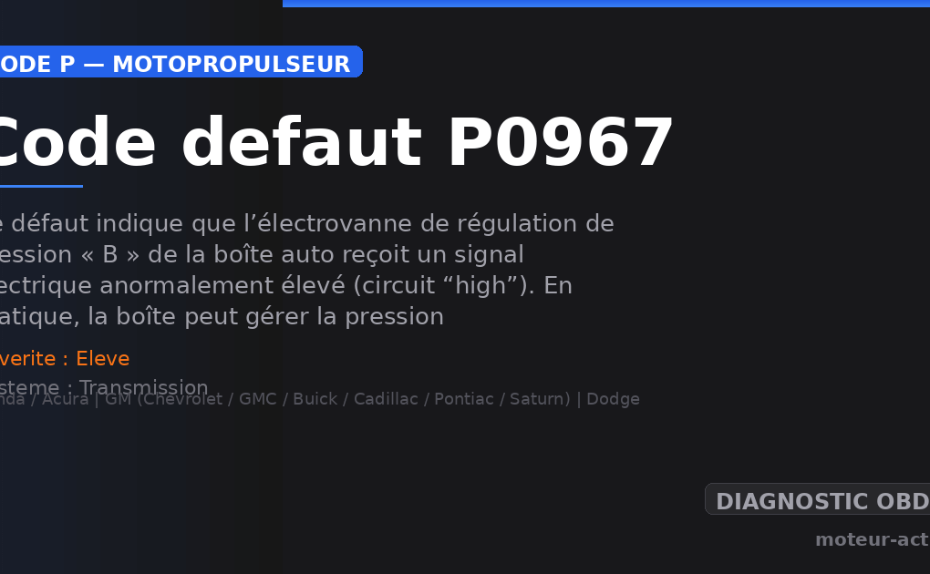 Code défaut P0967 : Ce défaut indique que l’électrovanne de régulation de pression « B » de la boîte auto reçoit un signal électrique anormalement élevé (circuit “high”)