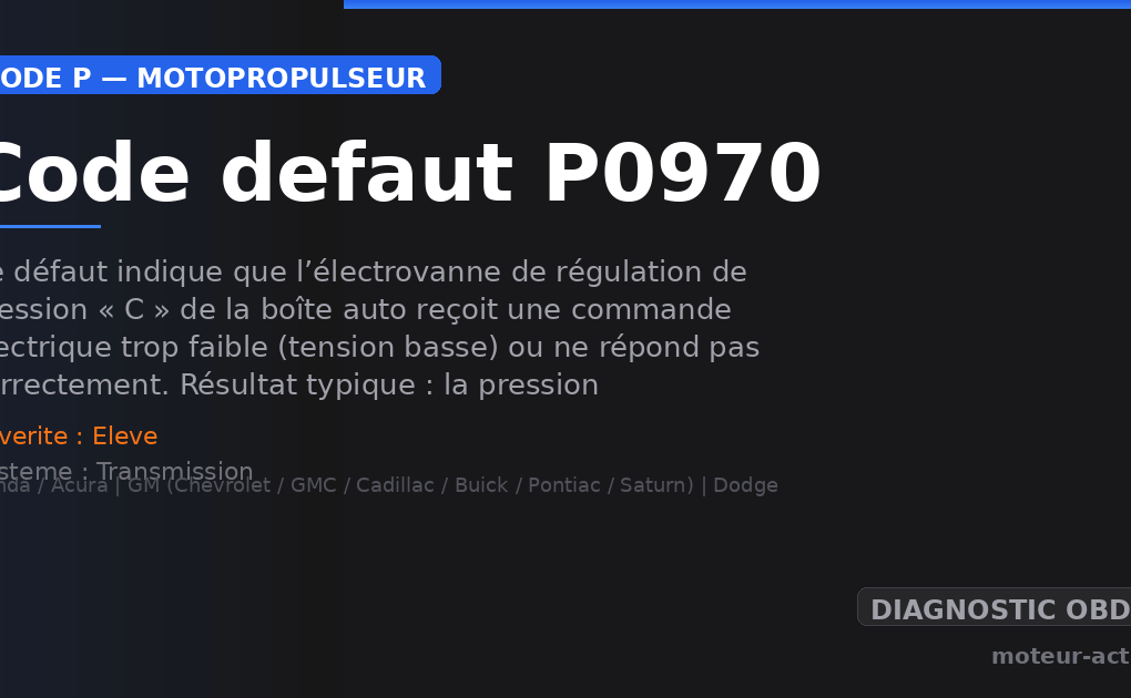 Code défaut P0970 : Ce défaut indique que l’électrovanne de régulation de pression « C » de la boîte auto reçoit une commande électrique trop faible (tension basse) ou ne répond pas correctement