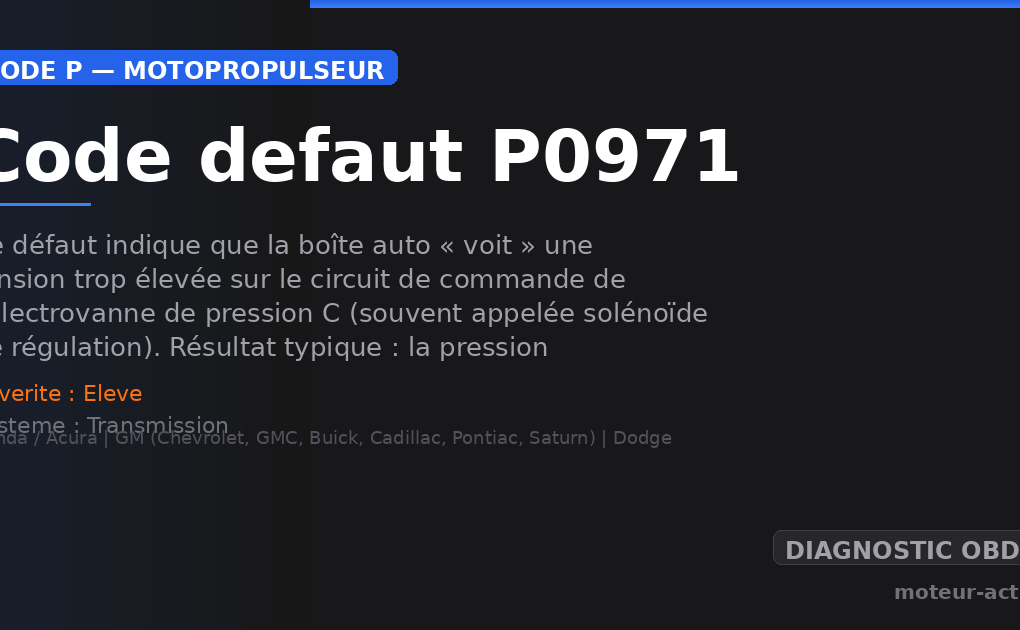 Code défaut P0971 : Ce défaut indique que la boîte auto « voit » une tension trop élevée sur le circuit de commande de l’électrovanne de pression C (souvent appelée solénoïde de régulation)