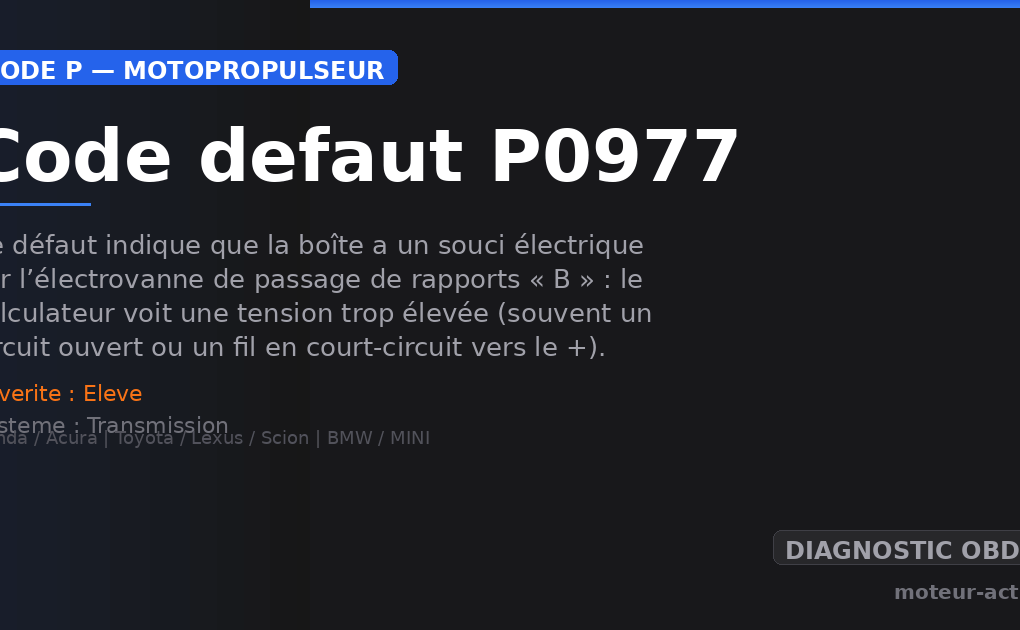 Code défaut P0977 : Ce défaut indique que la boîte a un souci électrique sur l’électrovanne de passage de rapports « B » : le calculateur voit une tension trop élevée (souvent un circuit ouvert ou un fil en court-circuit vers le +)