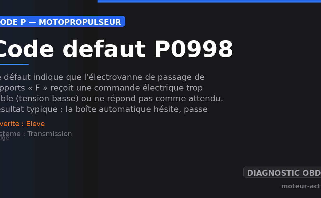 Code défaut P0998 : Ce défaut indique que l’électrovanne de passage de rapports « F » reçoit une commande électrique trop faible (tension basse) ou ne répond pas comme attendu