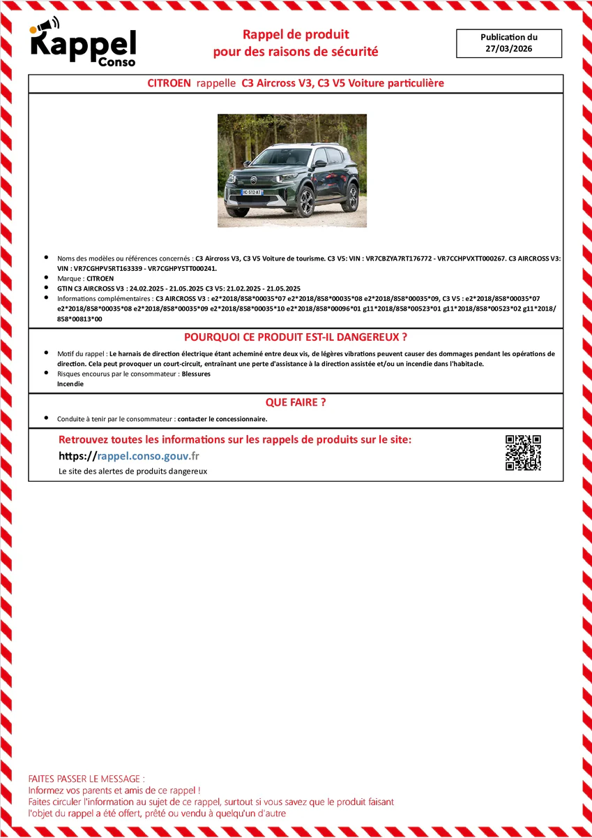 Affichette officielle de rappel constructeur Citroen - C3 aircross v3, C3 v5 voiture de tourisme. c3 v5: vin : vr7cbzya7rt176772 - vr7cchpvxtt000267. c3 aircross v3: vin : vr7cghpv5rt163339 - vr7cghpy5tt000241.