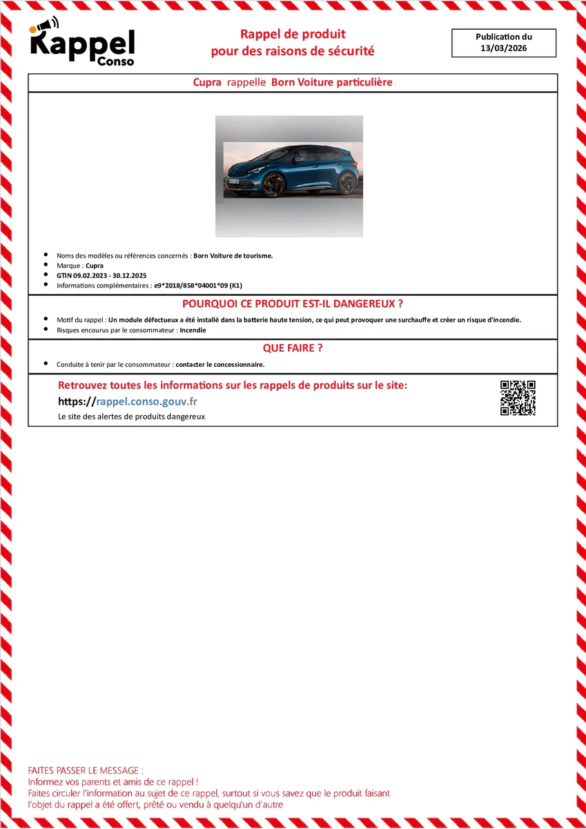 Affichette officielle de rappel constructeur Cupra - Born voiture de tourisme.