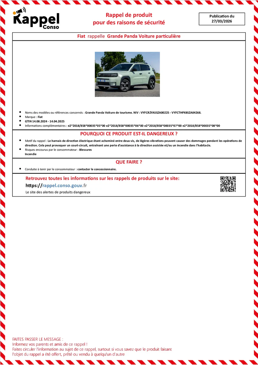 Affichette officielle de rappel constructeur Fiat - Grande panda voiture de tourisme. niv : vyfcrzya5sza00225 - vyfcthpx8sza04268.