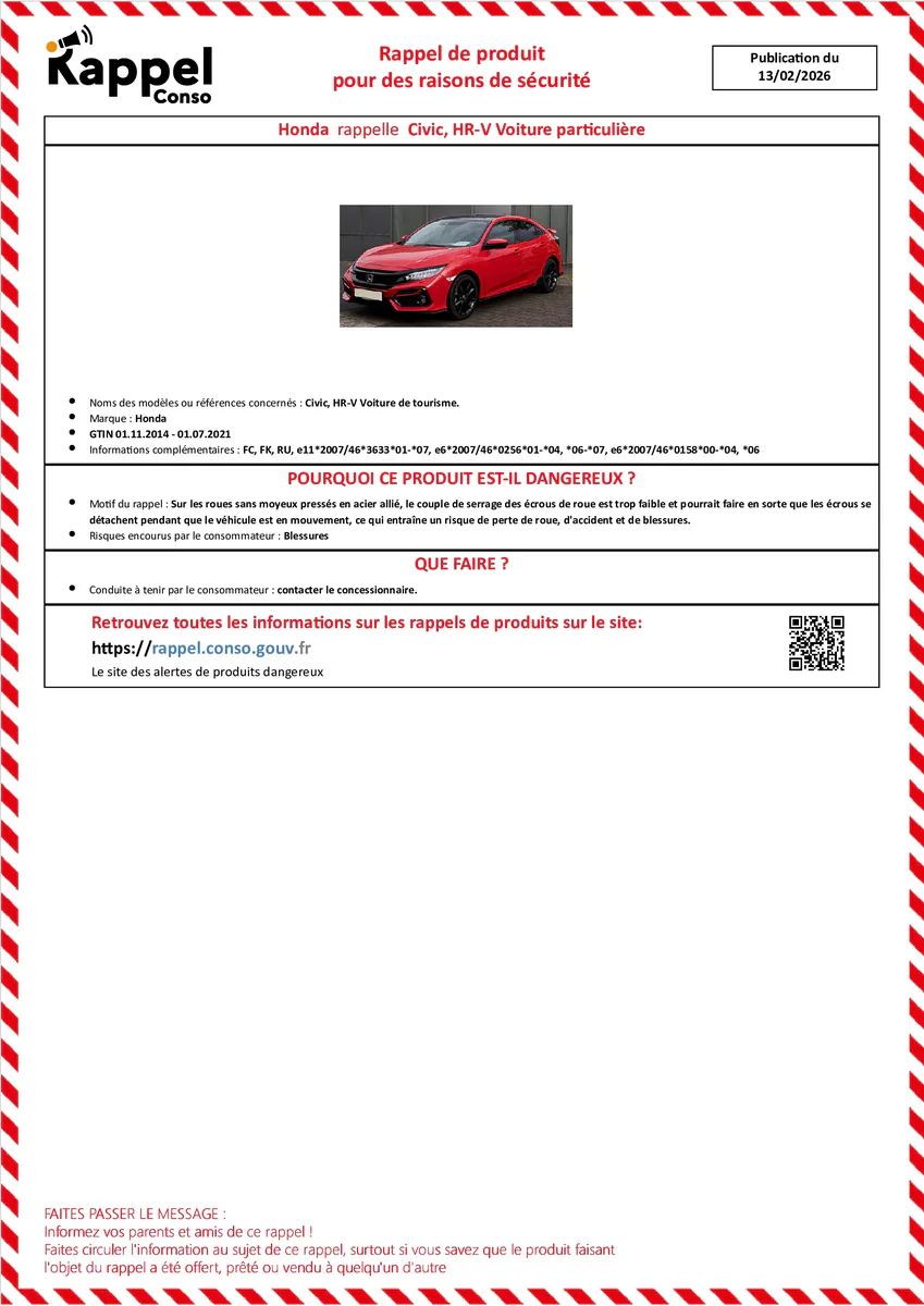 Affichette officielle de rappel constructeur Honda - Civic, Hr-v voiture de tourisme.