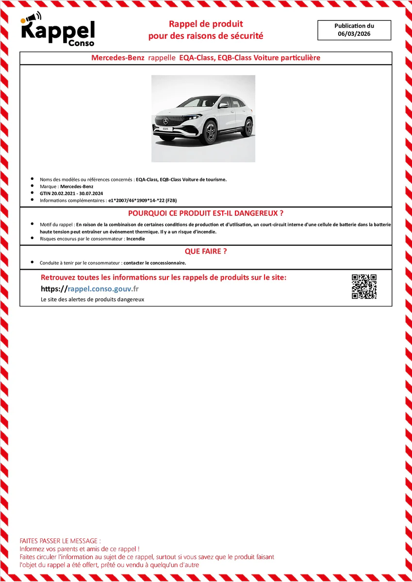 Affichette officielle de rappel constructeur Mercedes-benz - Eqa-class, Eqb-class voiture de tourisme.