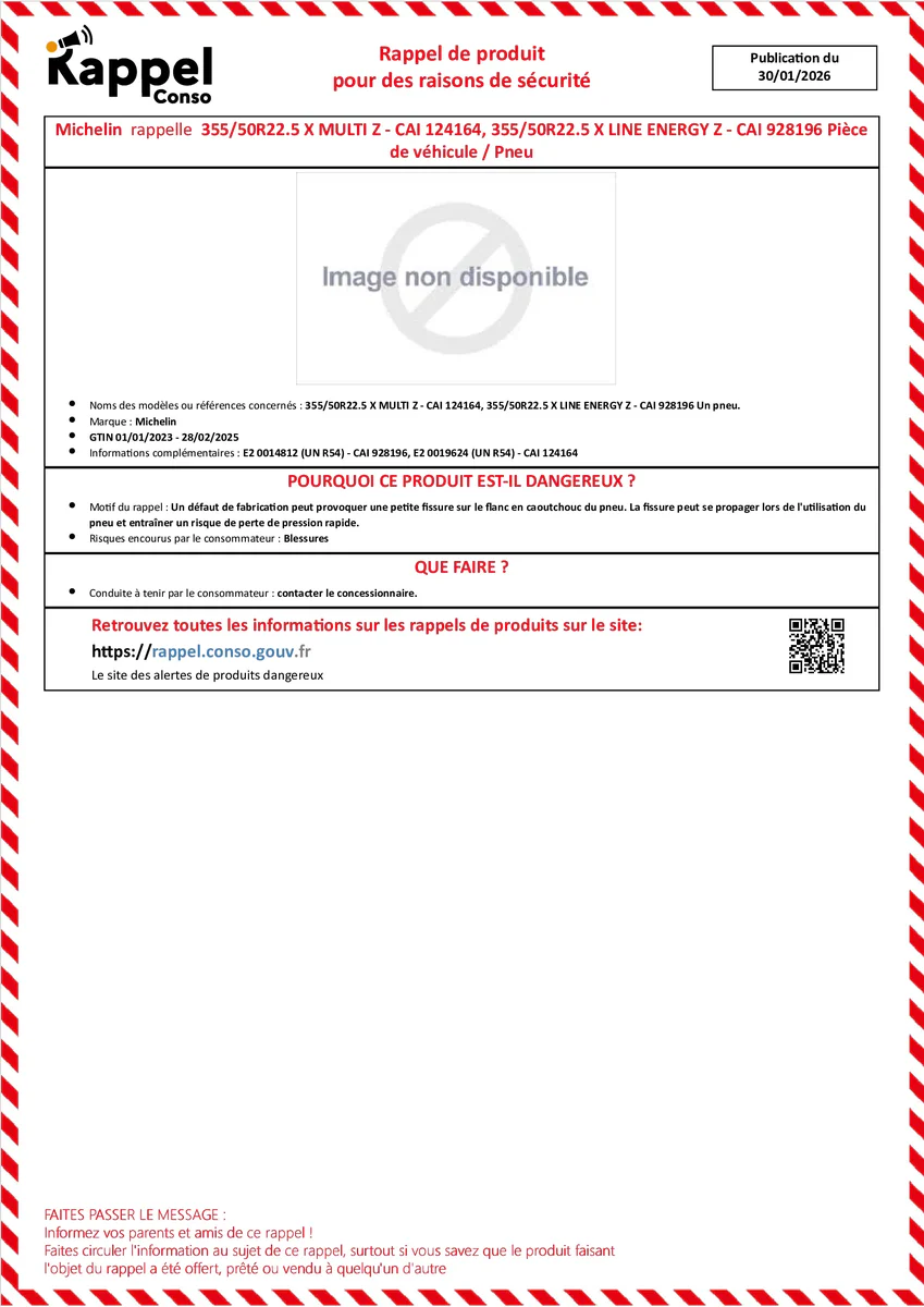 Affichette officielle de rappel constructeur Michelin - 355/50r22.5 x multi z - cai 124164, 355/50r22.5 x line energy z - cai 928196 un pneu.