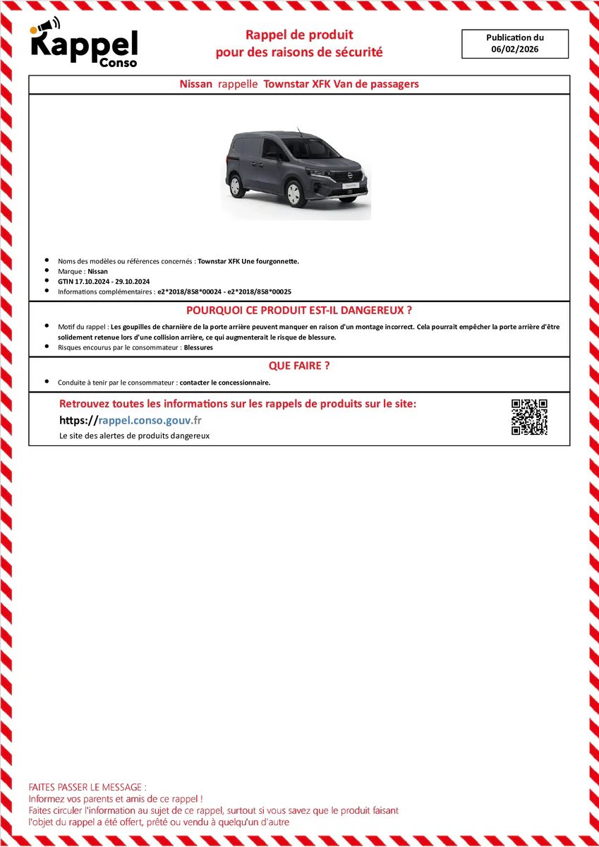 Affichette officielle de rappel constructeur Nissan - Townstar xfk une fourgonnette.