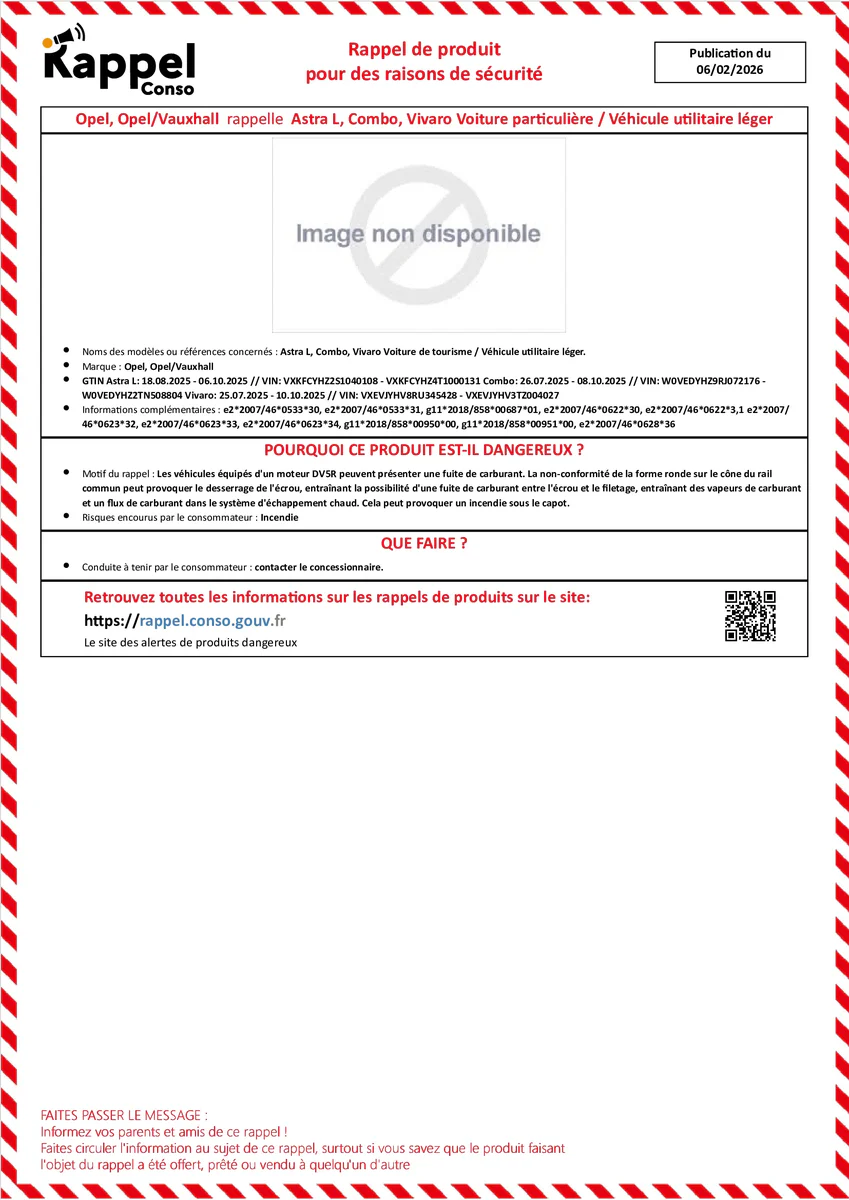 Affichette officielle de rappel constructeur Opel, opel/vauxhall - Astra l, Combo, Vivaro voiture de tourisme, Véhicule utilitaire léger.