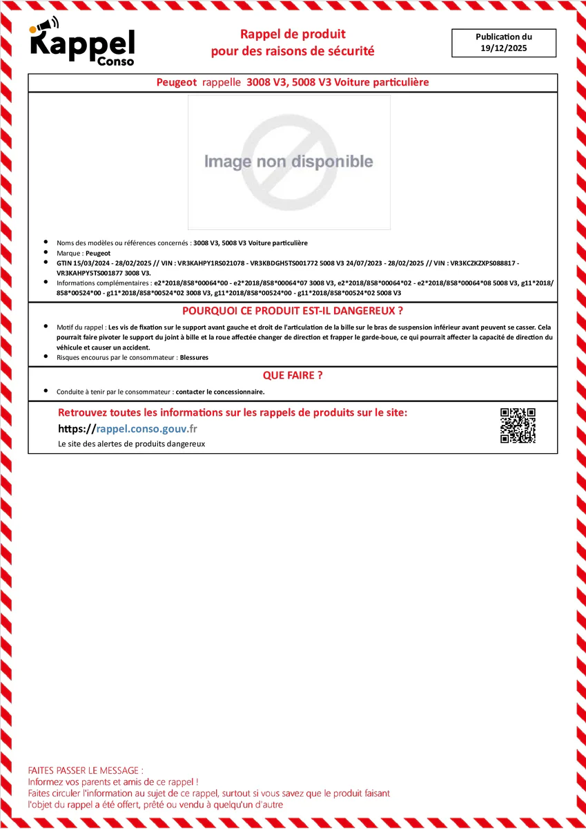 Affichette officielle de rappel constructeur Peugeot - 3008 v3, 5008 v3 voiture particulière