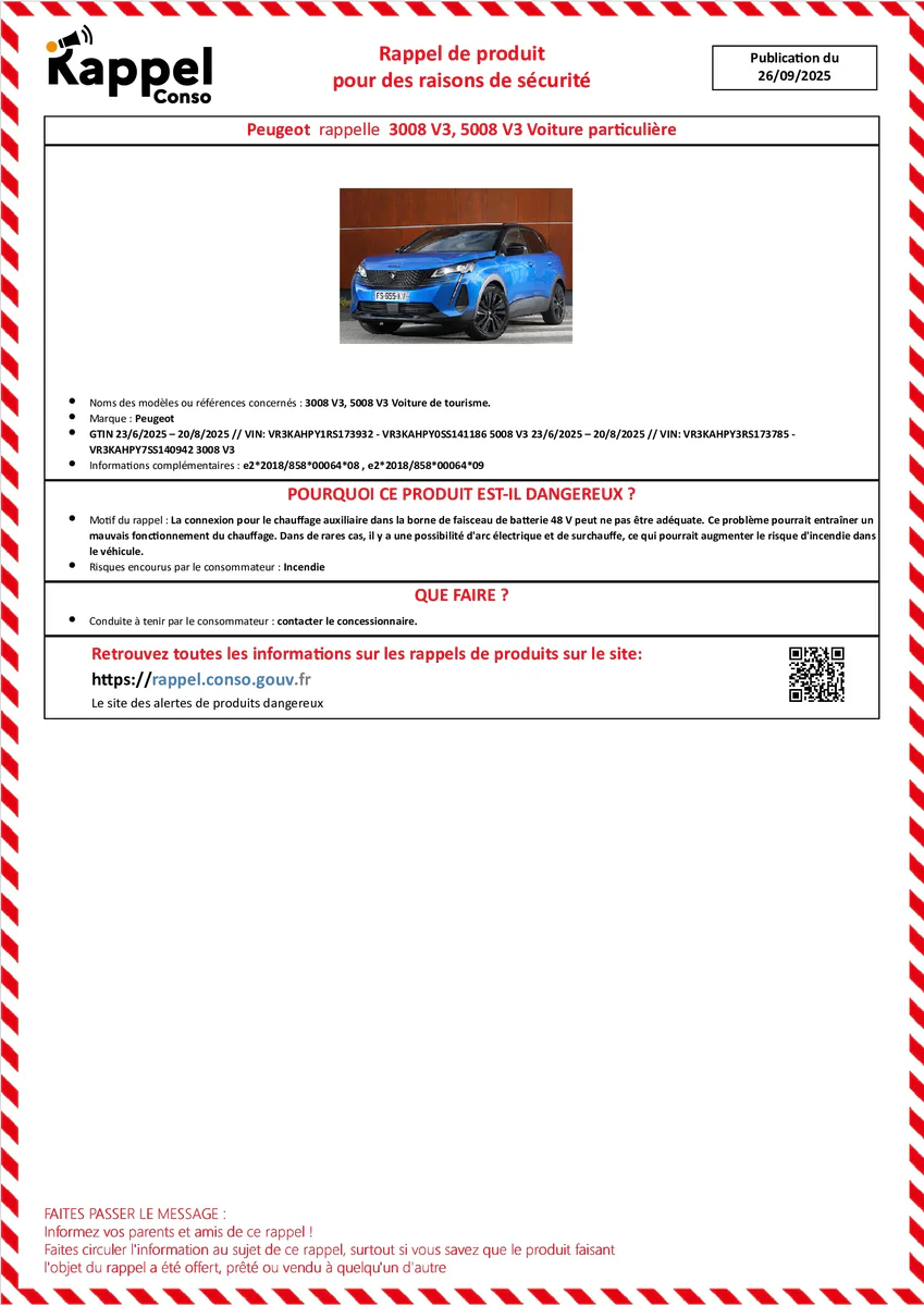 Affichette officielle de rappel constructeur Peugeot - 3008 v3, 5008 v3 voiture de tourisme.