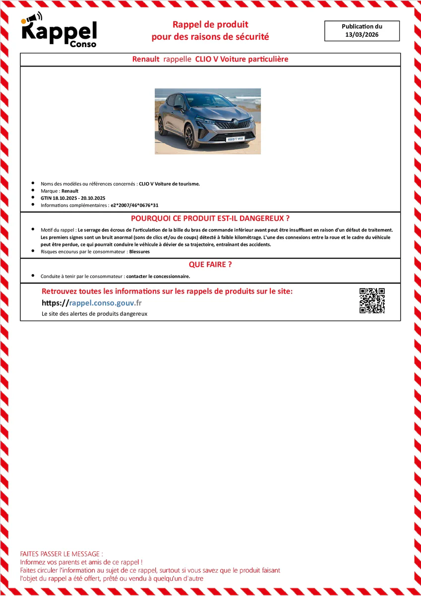 Affichette officielle de rappel constructeur Renault - Clio v voiture de tourisme.