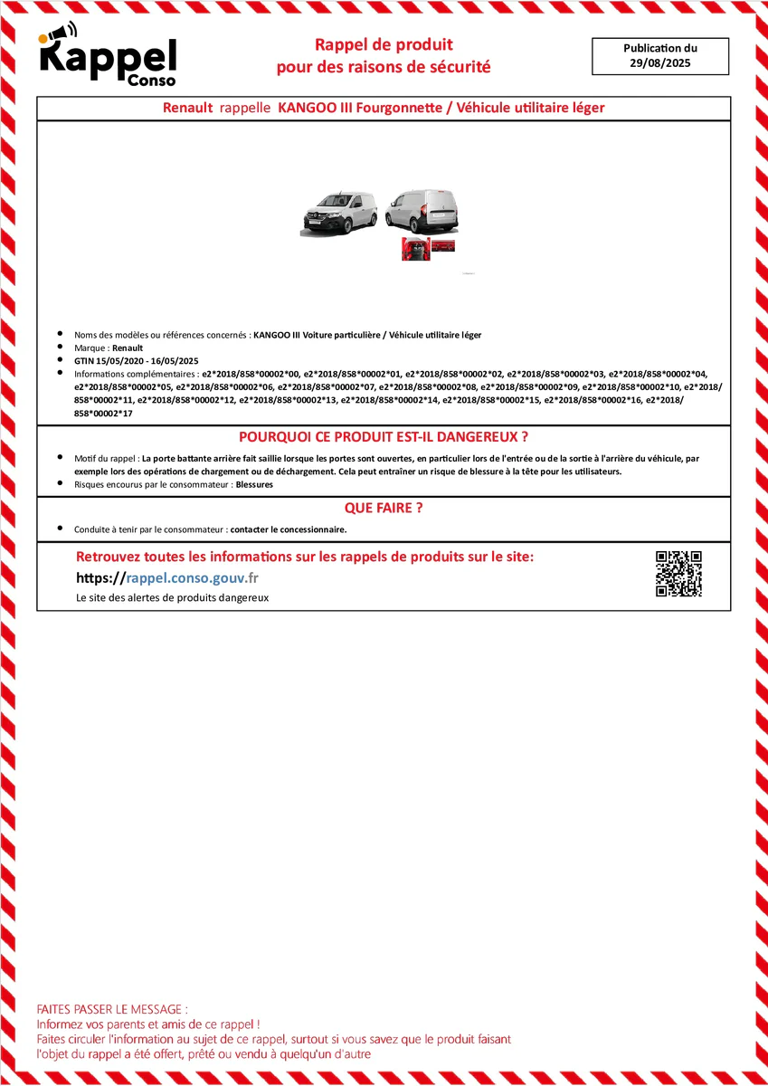 Affichette officielle de rappel constructeur Renault - Kangoo iii voiture particulière, Véhicule utilitaire léger
