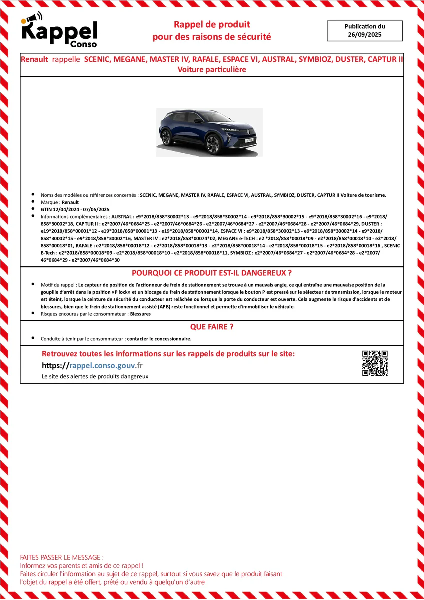 Affichette officielle de rappel constructeur Renault - Scenic, Megane, Master iv, Rafale, Espace vi