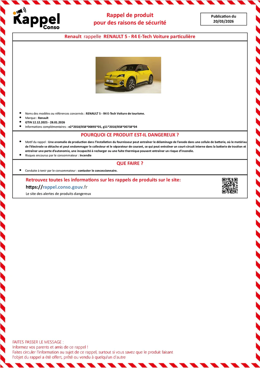 Affichette officielle de rappel constructeur Renault - Renault 5 - r4 e-tech voiture de tourisme.