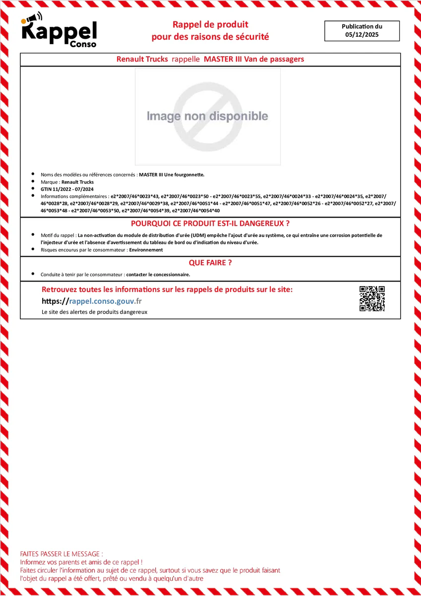 Affichette officielle de rappel constructeur Renault trucks - Master iii une fourgonnette.