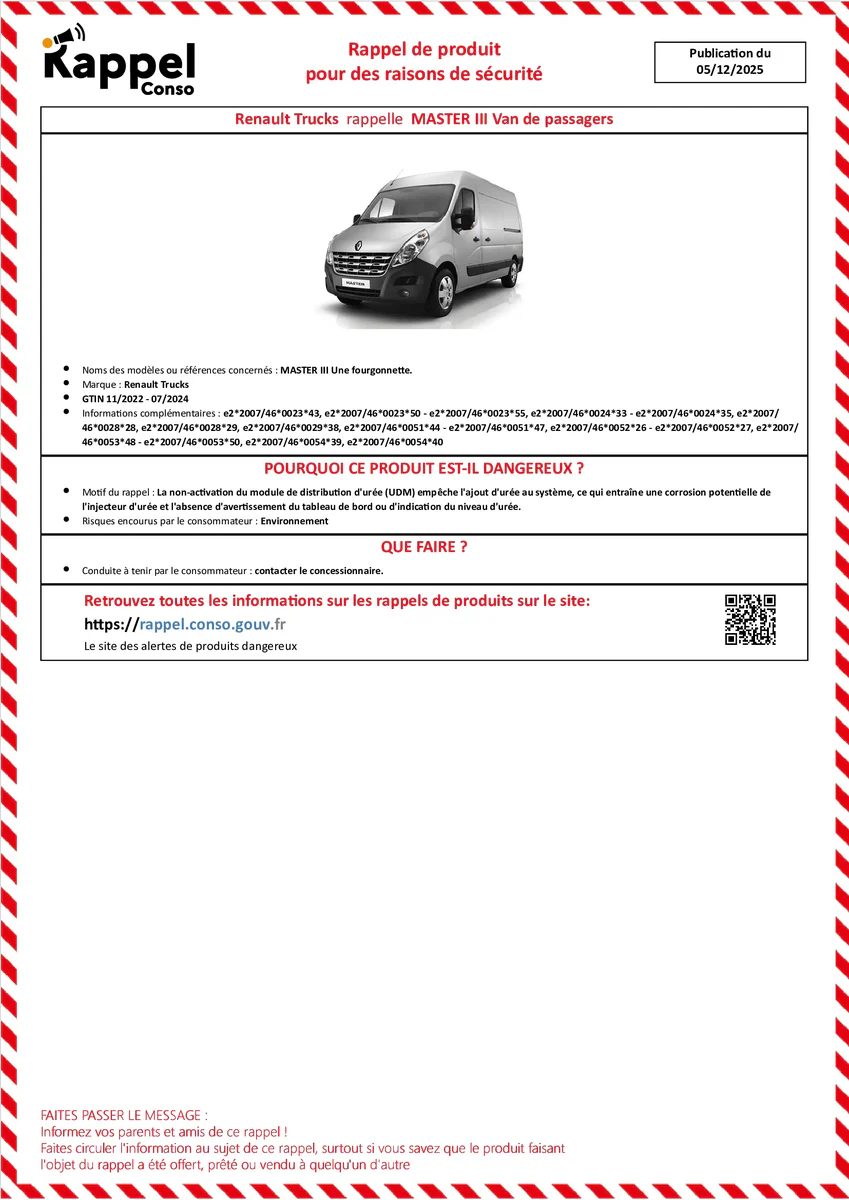 Affichette officielle de rappel constructeur Renault trucks - Master iii une fourgonnette.