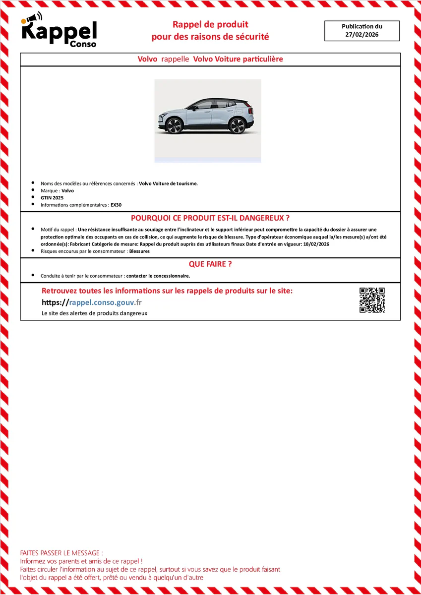 Affichette officielle de rappel constructeur Volvo - Volvo voiture de tourisme.