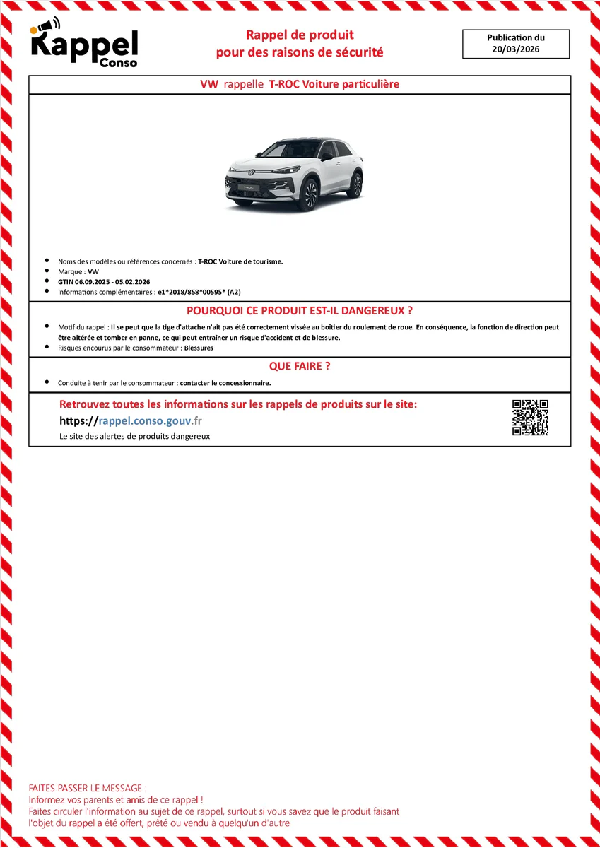 Affichette officielle de rappel constructeur Vw - T-roc voiture de tourisme.