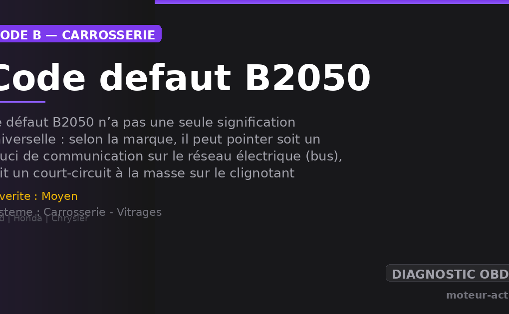 Code défaut B2050 : Ce défaut B2050 n’a pas une seule signification universelle : selon la marque, il peut pointer soit un souci de communication sur le réseau électrique (bus), soit un court-circuit à la masse sur le clignotant arrière droit, soit un problème autour du module de porte coulissante droite (sur certains monospaces)