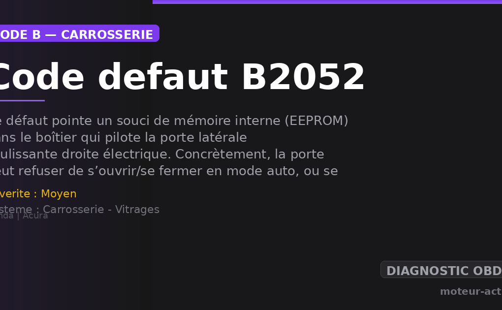 Code défaut B2052 : Ce défaut pointe un souci de mémoire interne (EEPROM) dans le boîtier qui pilote la porte latérale coulissante droite électrique