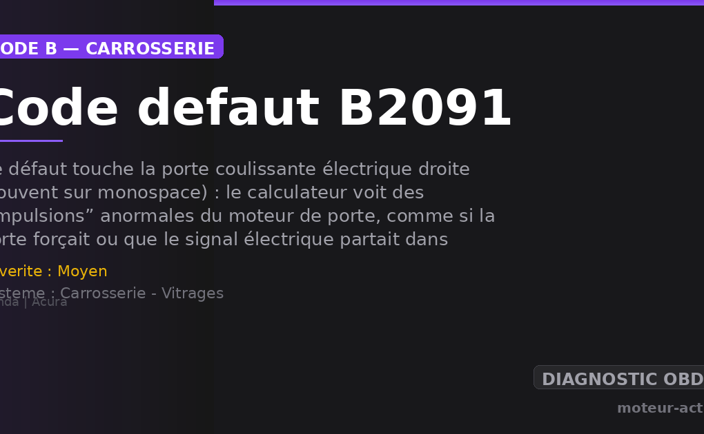 Code défaut B2091 : Ce défaut touche la porte coulissante électrique droite (souvent sur monospace) : le calculateur voit des “impulsions” anormales du moteur de porte, comme si la porte forçait ou que le signal électrique partait dans tous les sens