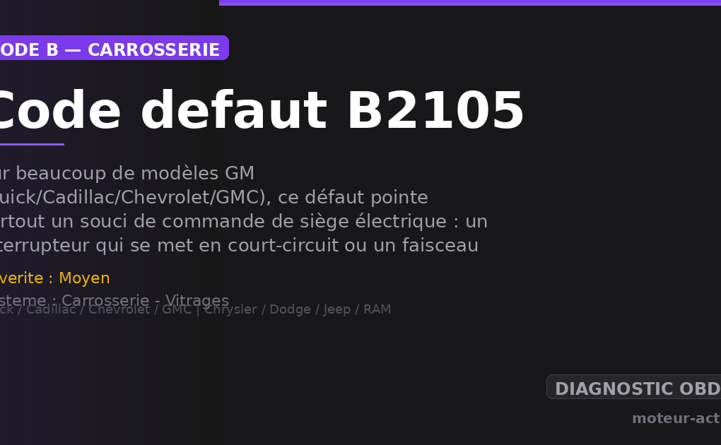 Code défaut B2105 : Sur beaucoup de modèles GM (Buick/Cadillac/Chevrolet/GMC), ce défaut pointe surtout un souci de commande de siège électrique : un interrupteur qui se met en court-circuit ou un faisceau abîmé sous le siège