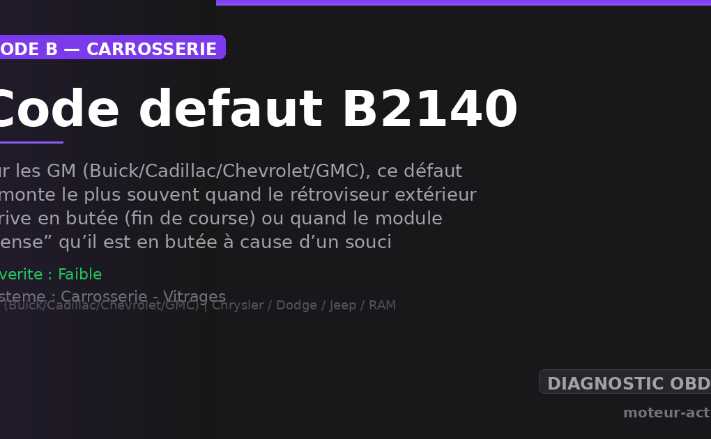 Code défaut B2140 : Sur les GM (Buick/Cadillac/Chevrolet/GMC), ce défaut remonte le plus souvent quand le rétroviseur extérieur arrive en butée (fin de course) ou quand le module “pense” qu’il est en butée à cause d’un souci électrique