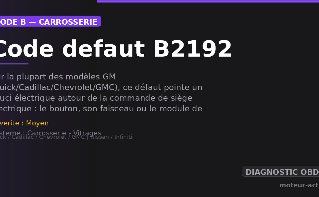 Code défaut B2192 : Sur la plupart des modèles GM (Buick/Cadillac/Chevrolet/GMC), ce défaut pointe un souci électrique autour de la commande de siège électrique : le bouton, son faisceau ou le module de siège à mémoire