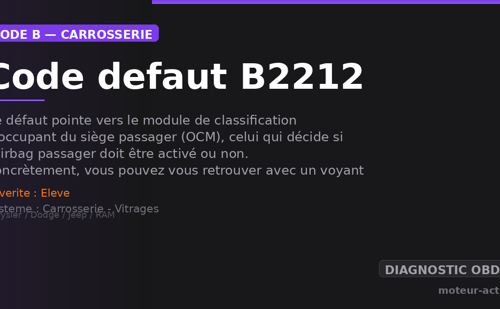 Code défaut B2212 : Ce défaut pointe vers le module de classification d’occupant du siège passager (OCM), celui qui décide si l’airbag passager doit être activé ou non