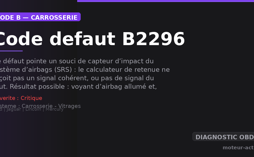 Code défaut B2296 : Ce défaut pointe un souci de capteur d’impact du système d’airbags (SRS) : le calculateur de retenue ne reçoit pas un signal cohérent, ou pas de signal du tout