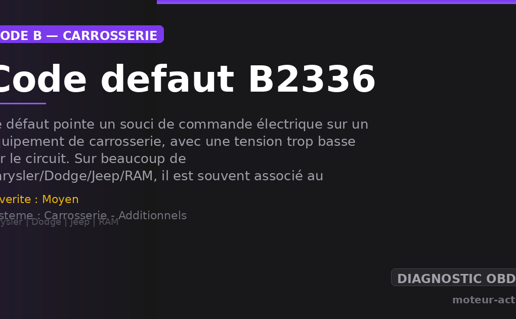Code défaut B2336 : Ce défaut pointe un souci de commande électrique sur un équipement de carrosserie, avec une tension trop basse sur le circuit