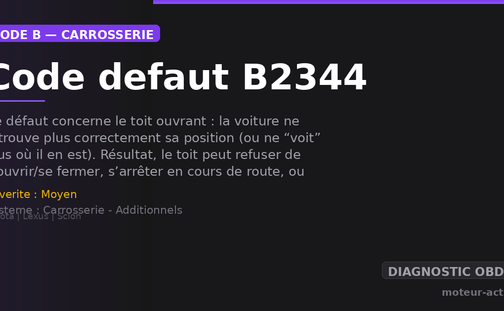 Code défaut B2344 : Ce défaut concerne le toit ouvrant : la voiture ne retrouve plus correctement sa position (ou ne “voit” plus où il en est)